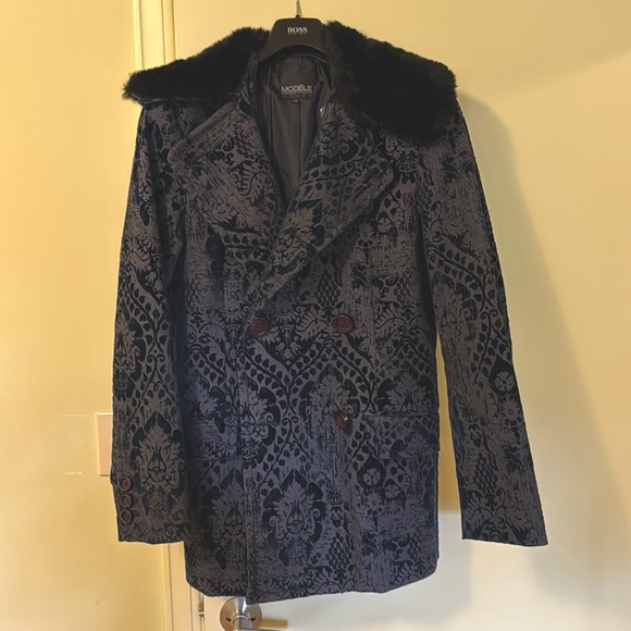 Jacquard/Damask peacoat - dark blue with faux fur collar - Picture 1 of 7